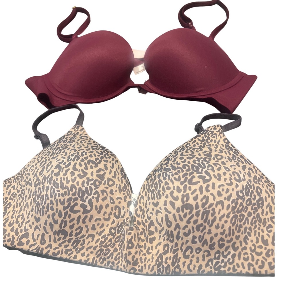 Victoria's Secret & PINK Bra Bundle 36B Burgundy Underwire & Leopard Wireless‎ - Picture 2 of 5